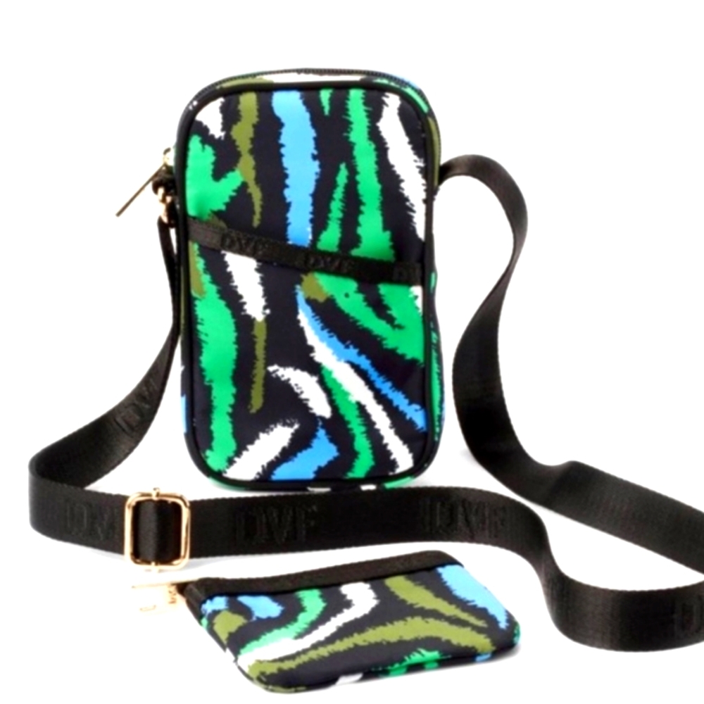 NEW DVF Disco Blue Green Zebra Print Cellphone Crossbody Sling Travel Handbag